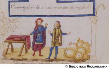 Ricc. 2669, FILIPPO CALANDRI, Trattato di aritmetica, Sec. XV, fine; Firenze; bottega di Boccardino il vecchio.
Baratto di lana a panno, c. 66r
© Biblioteca Riccardiana